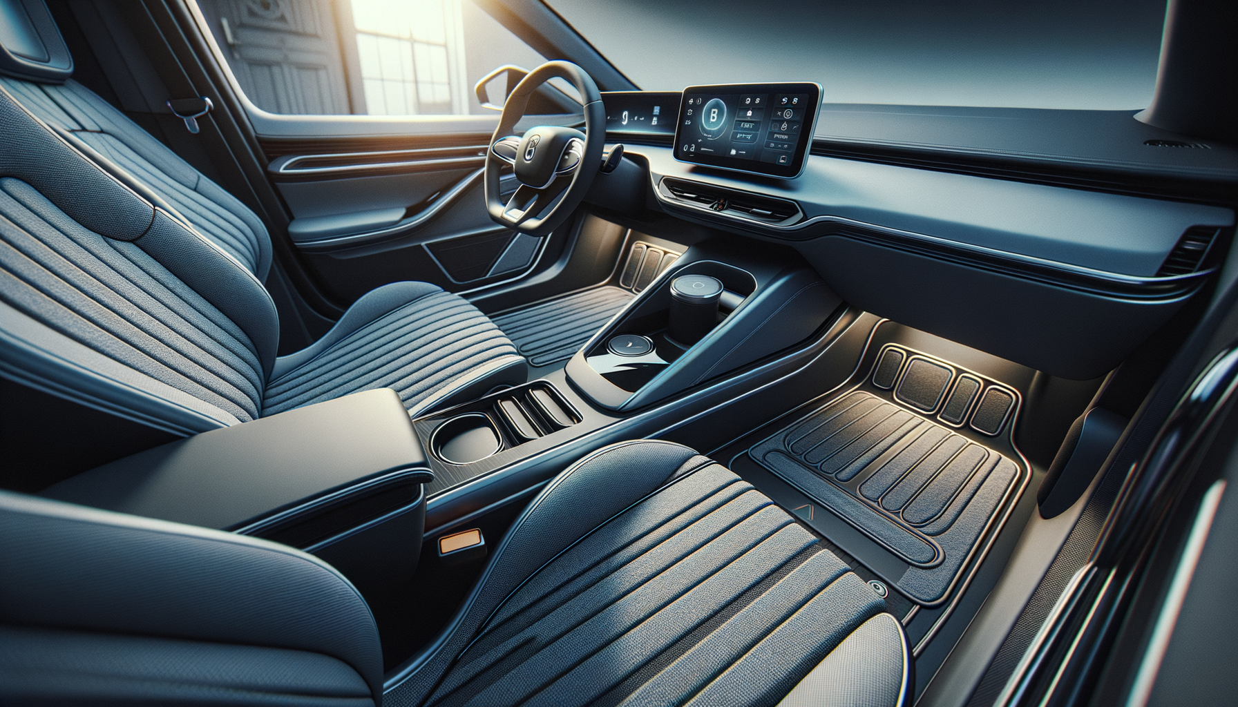 modern xpeng car interior with custom floor mats and upgraded infotainment system