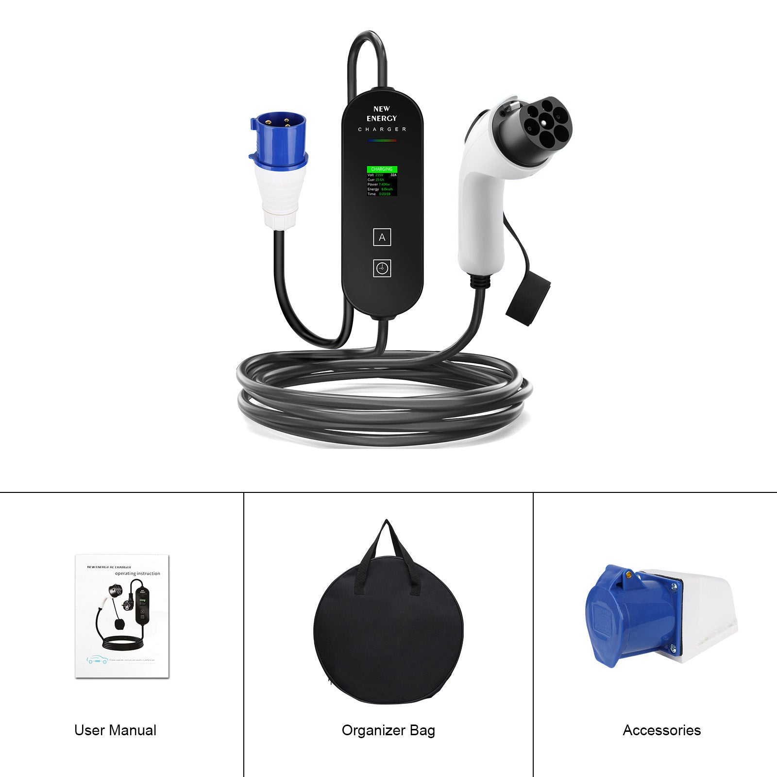 Portable 7KW 32A Type 2 EV Charger 5M/10M Single Phase CEE 3PIN EU plug